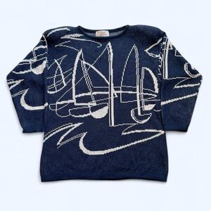 Vintage 1980s Nautical Patterned Navy Sweater M